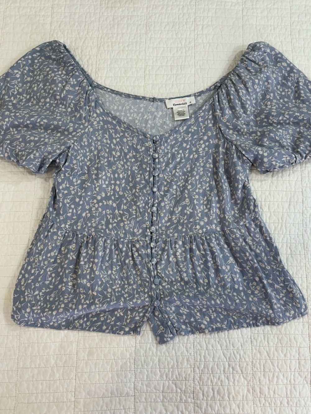 URBAN Romantics Light Blue Floral Button-Front Peplum Blouse - Picture 2 of 6